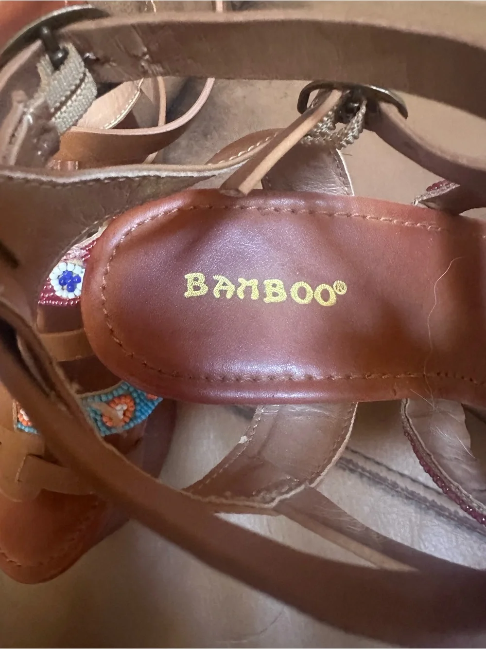 BAMBOO Tan Brown Platform Wedge Sandals with Turquoise & Purple Beaded Straps